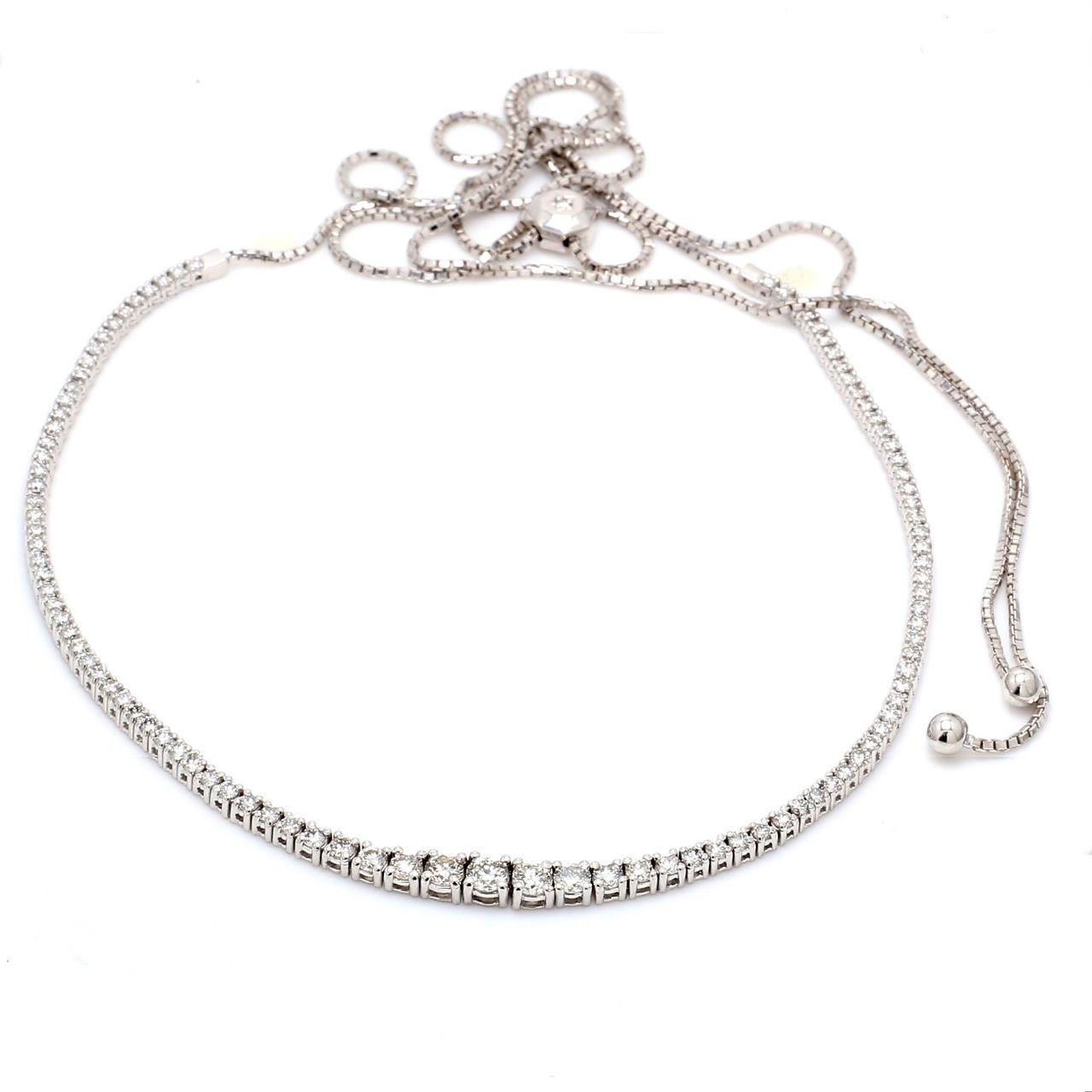 Graduated expandable necklace with 4-prong & bezel set round diamonds.  D3.40ct.t.w.