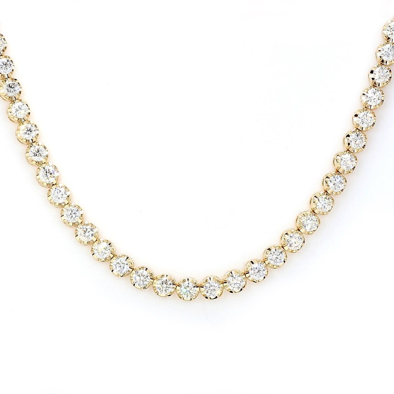 20' Tennis necklace in yellow gold with crown head style 4-prong set (107) round diamonds.  D15.72ct.t.w.