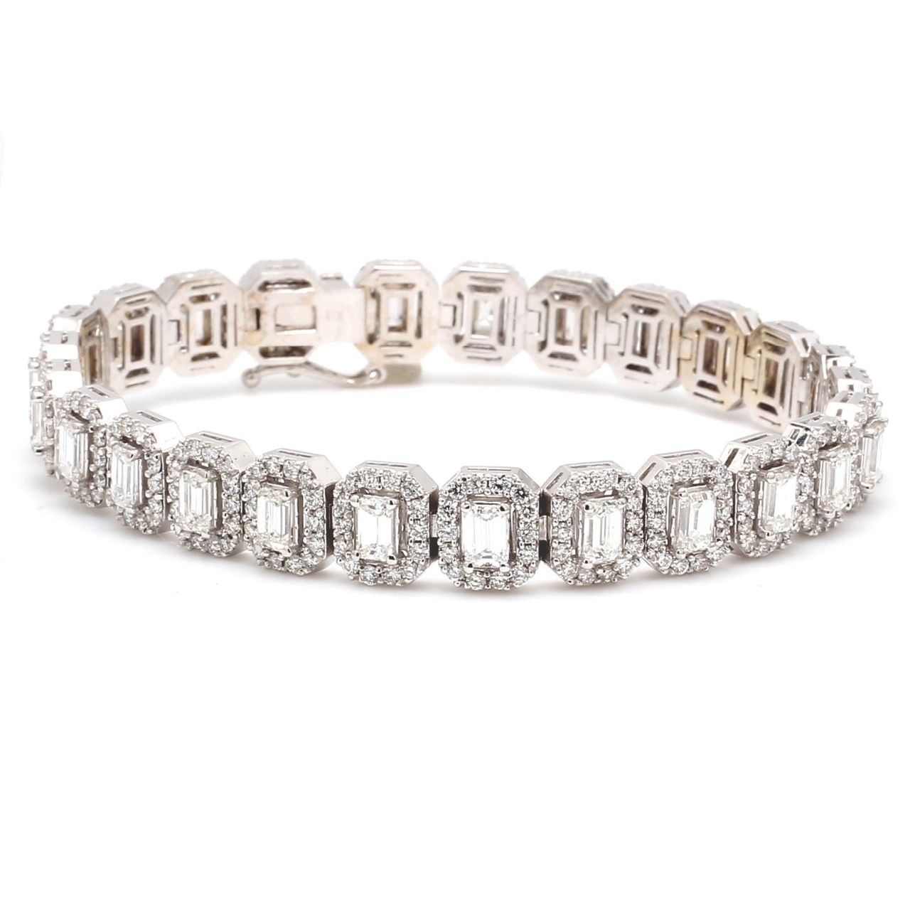 7' Halo tennis bracelet in 18K WG with pave set rounds around 4-prong set (21) emerald cut diamonds.  D8.02ct.t.w.