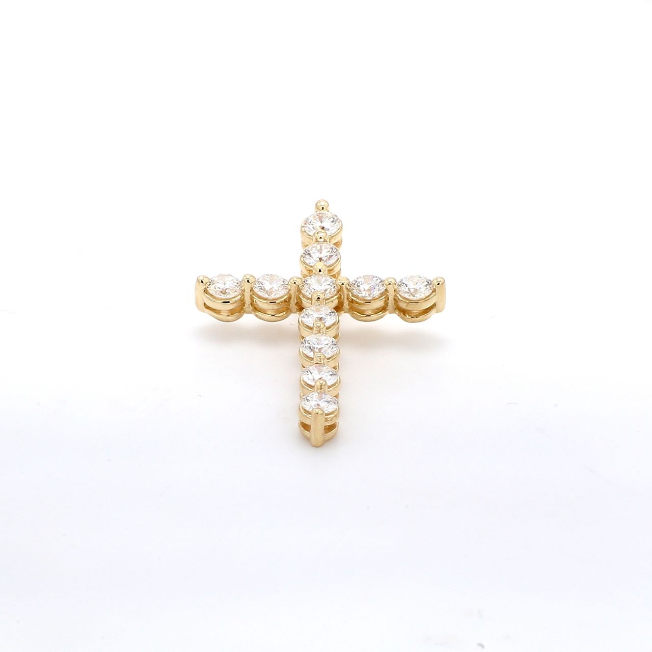 1' Cross pendant in yellow gold with shared prong set (11) round diamonds.  D1.23ct.t.w.