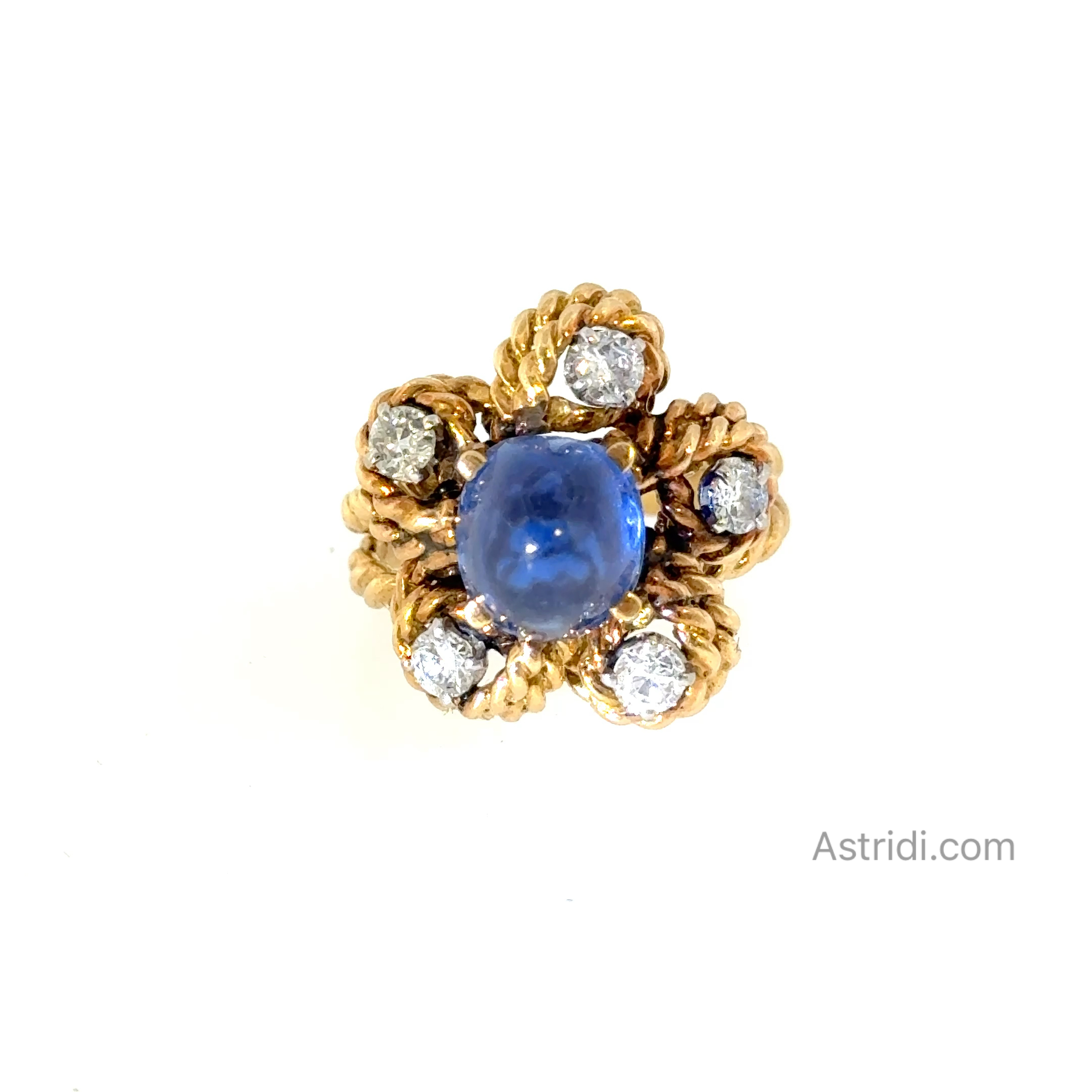 Cabochon Sapphire with Diamonds braided ring in 18k