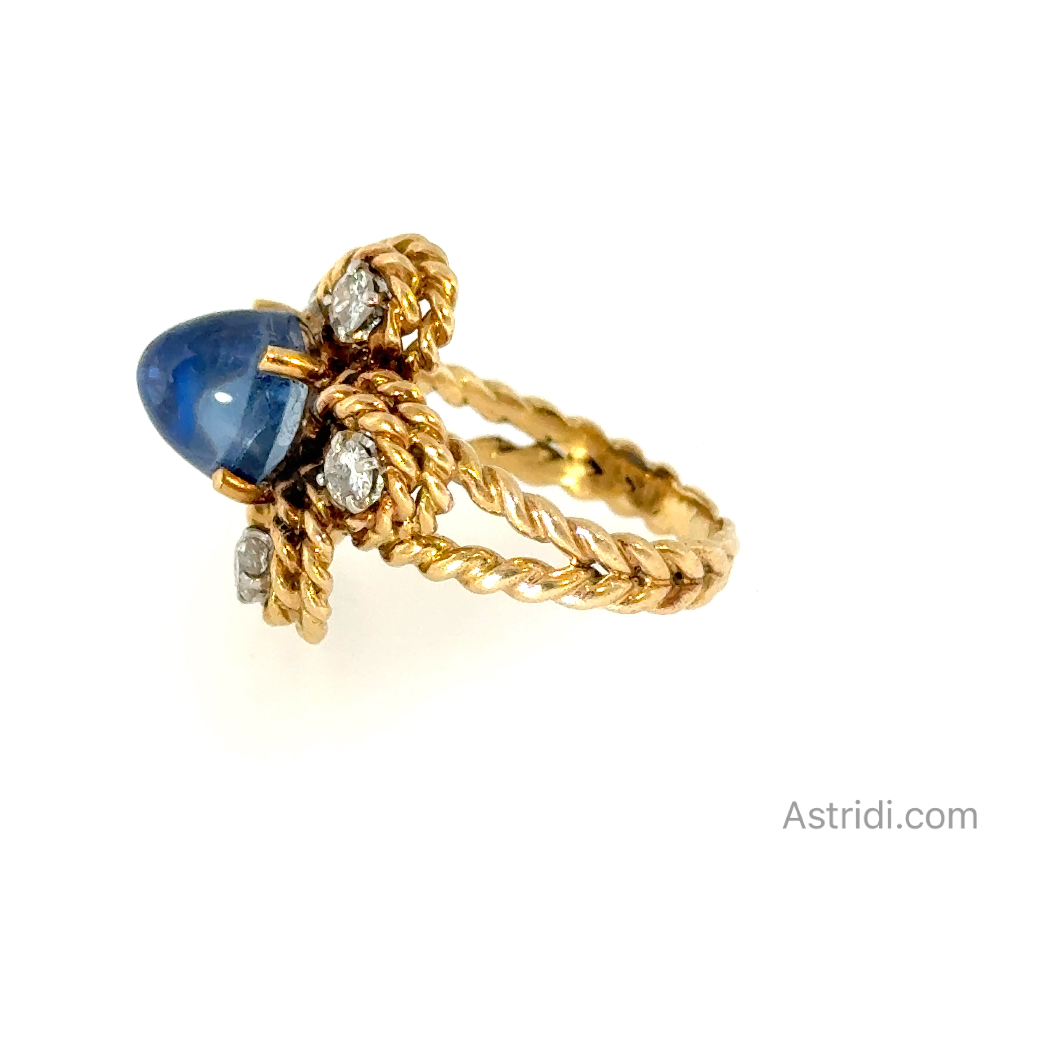 Cabochon Sapphire with Diamonds braided ring in 18k
