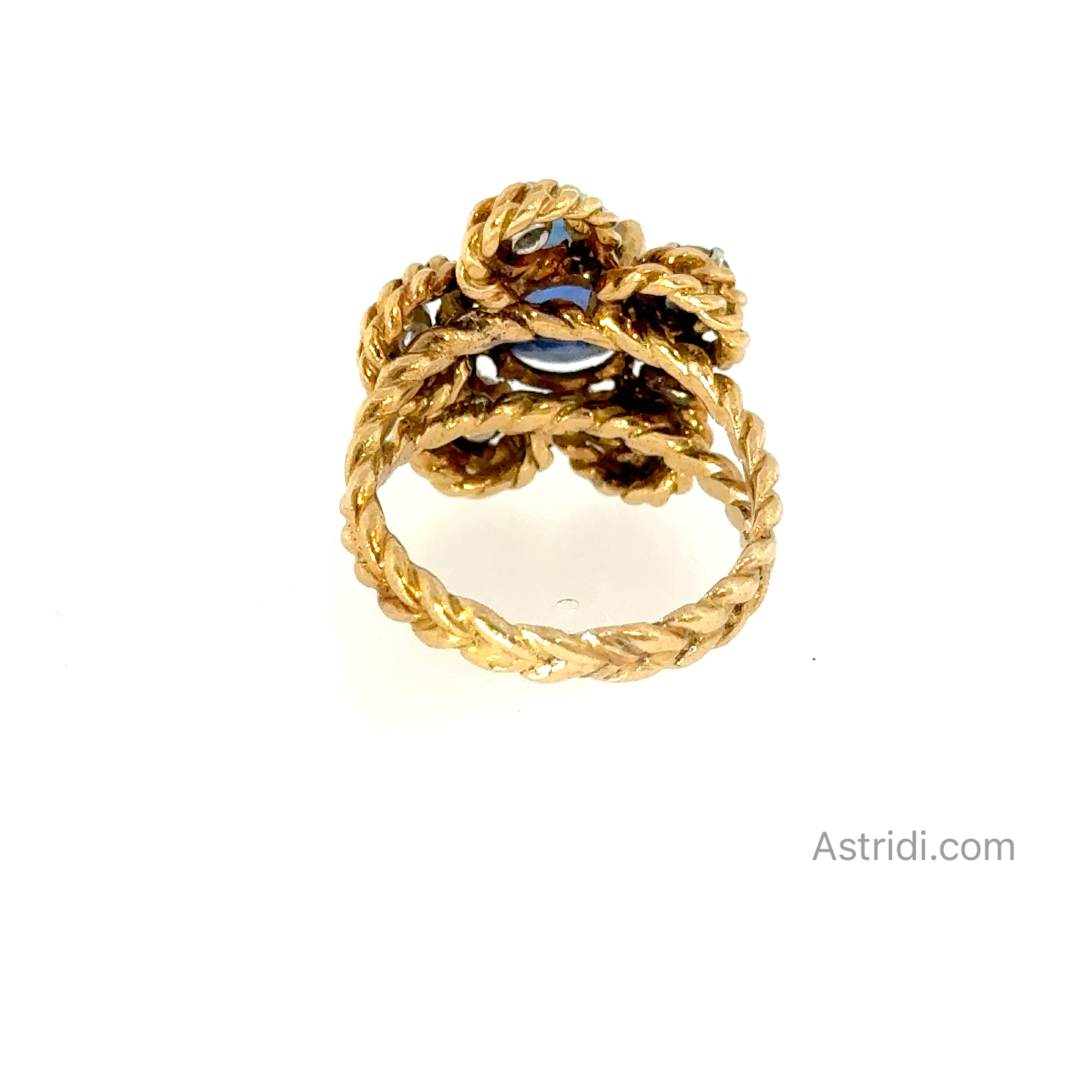 Cabochon Sapphire with Diamonds braided ring in 18k