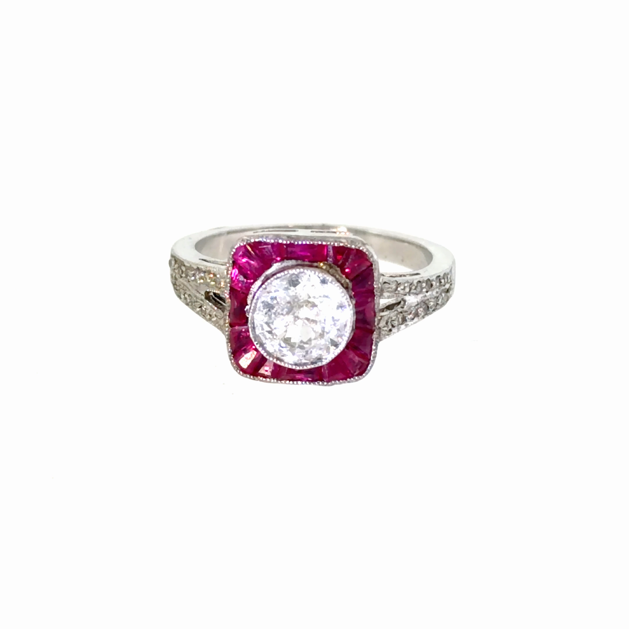 Old European cut Diamond and Ruby ring, French  Art Deco/Belle Epoche Vintage